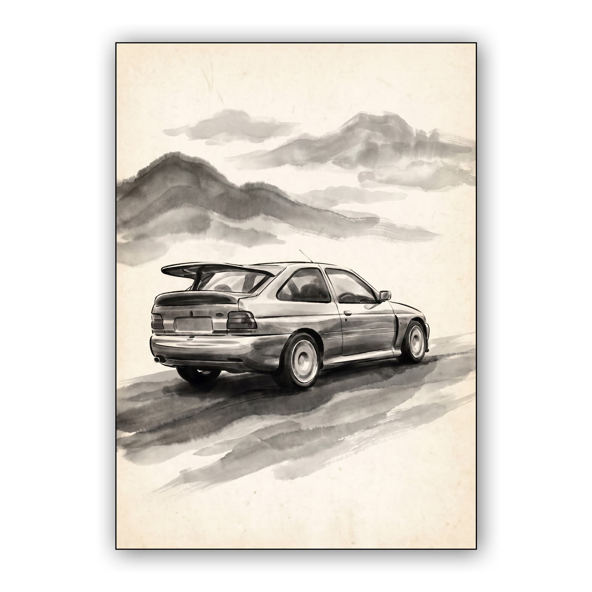 Ford Escort Cosworth Minimalist Sumi-e Ink Wash Painting