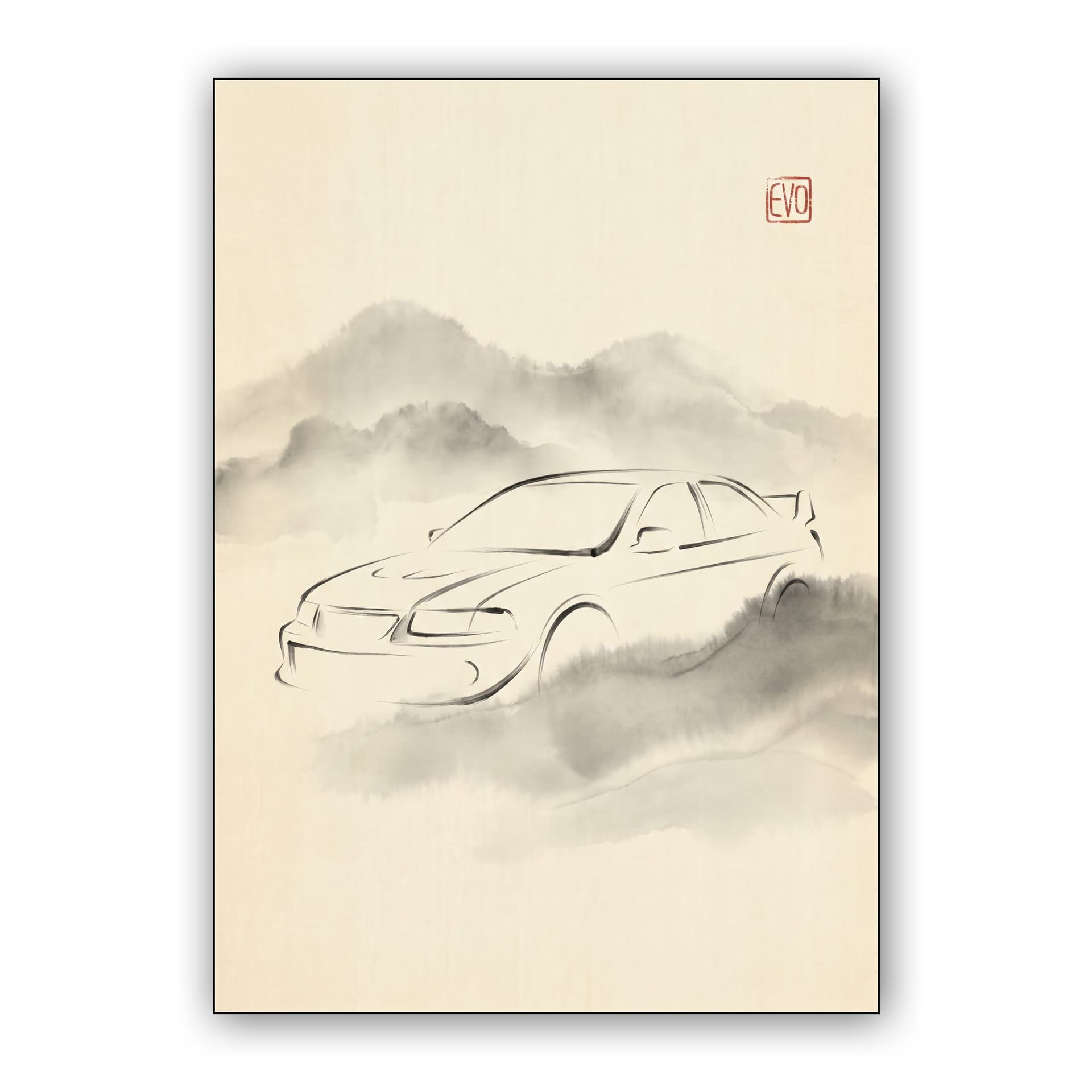 Mitsubishi Lancer Evolution Minimalist Sumi-e Ink Wash Painting