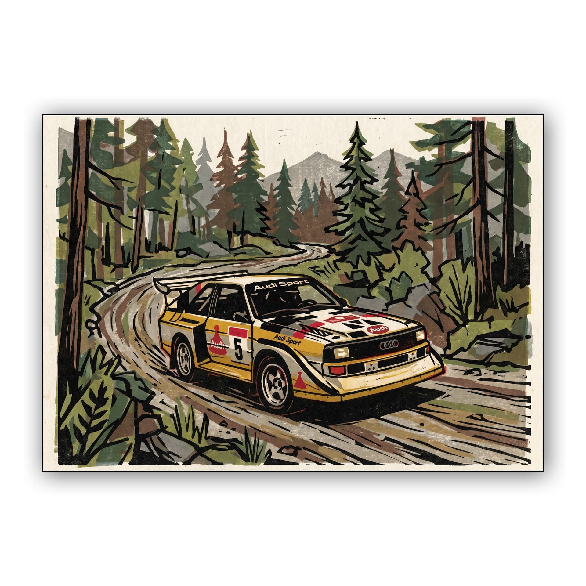Audi Quattro Forest Linocut Art