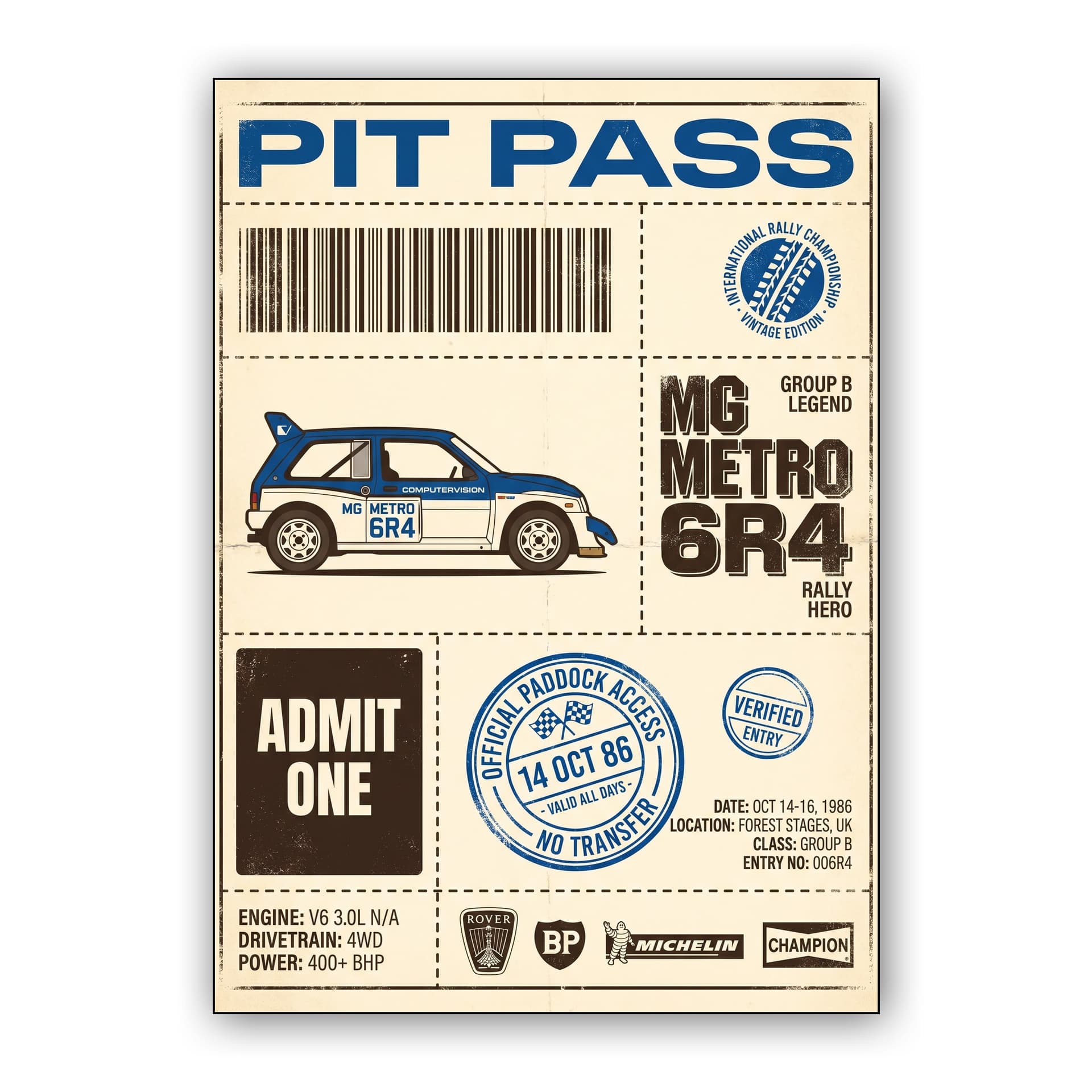 MG Metro 6R4 Vintage Pit Pass Art
